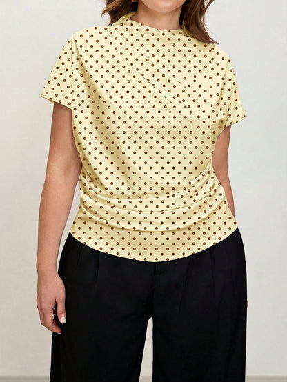 Comfylo 3D Cut Pleated Slim Fit Plus Size Women's Yellow Print T-Shirt Party Summer Elegant