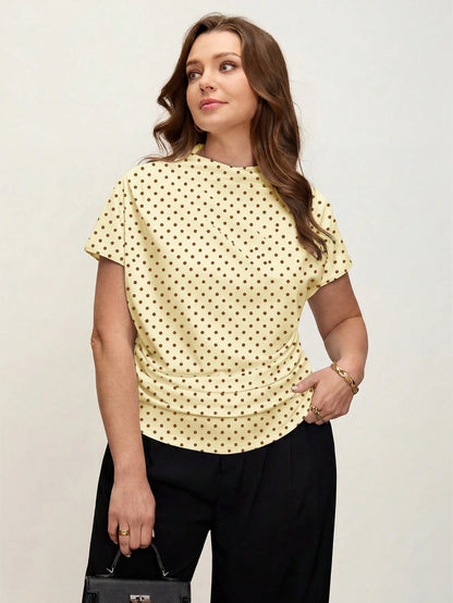 Comfylo 3D Cut Pleated Slim Fit Plus Size Women's Yellow Print T-Shirt Party Summer Elegant