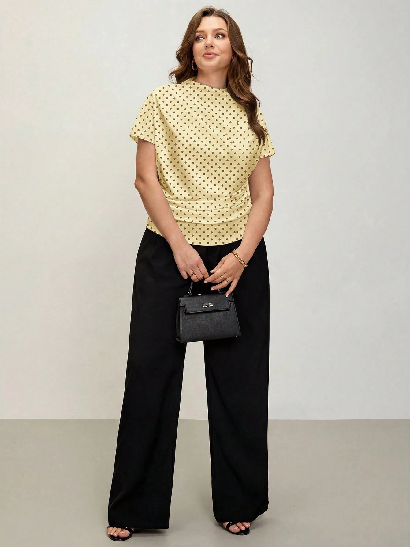 Comfylo 3D Cut Pleated Slim Fit Plus Size Women's Yellow Print T-Shirt Party Summer Elegant