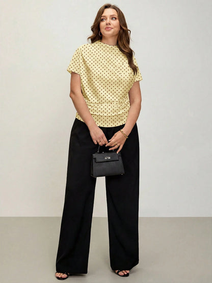 Comfylo 3D Cut Pleated Slim Fit Plus Size Women's Yellow Print T-Shirt Party Summer Elegant