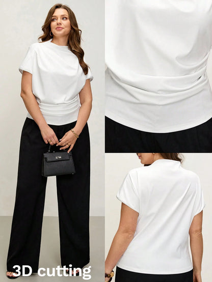 Comfylo 3D Cut Pleated Slim Fit Plus Size Women's Yellow Print T-Shirt Party Summer Elegant