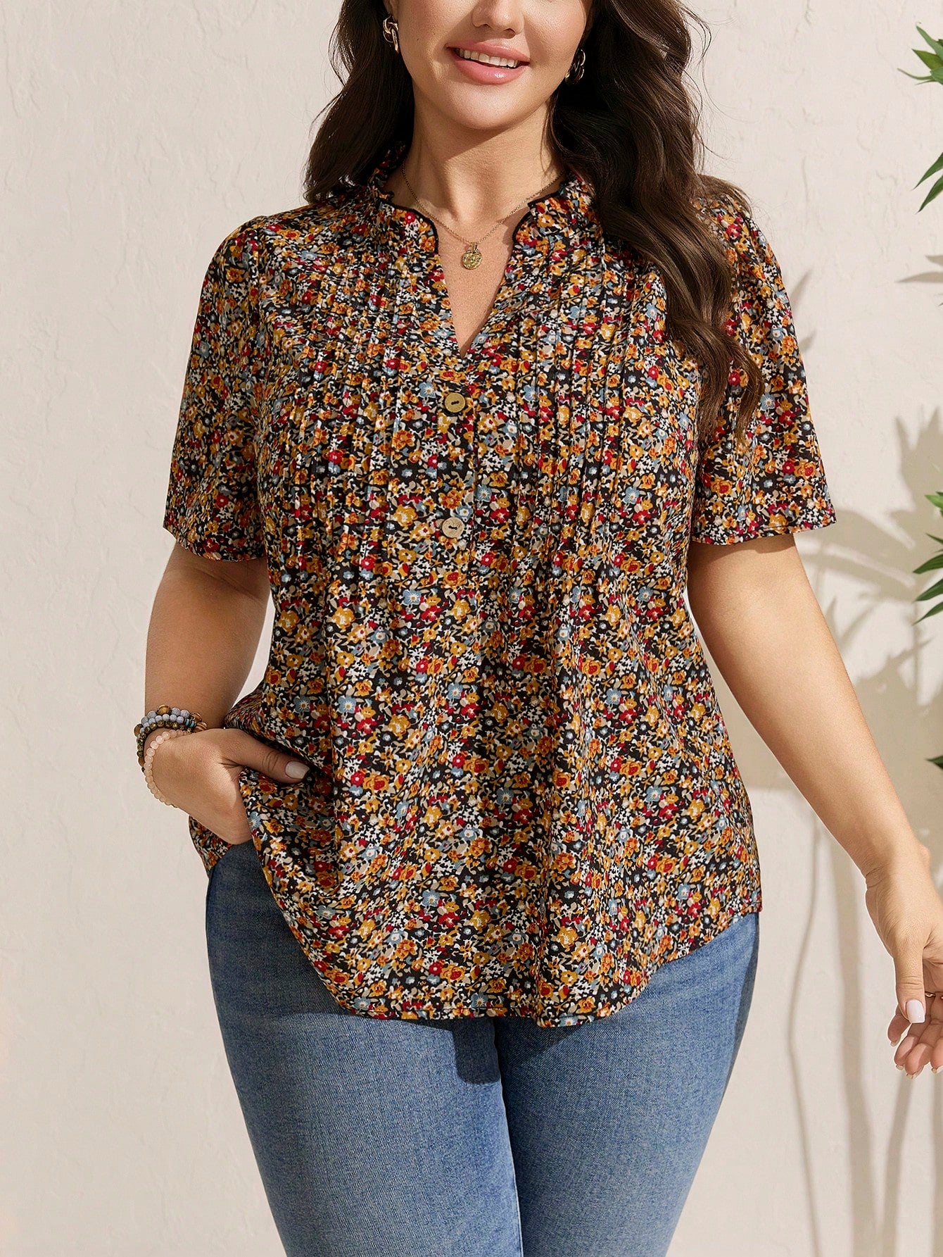 Comfylo Plus Size Casual Vacation Ditsy Floral Petal Sleeve Blouse Women Summer Clothing Woman Elegant Women Clothes Women Summer Sets Women Clothes Summer Glamorous Outfits For Women Modest Blouse Mu