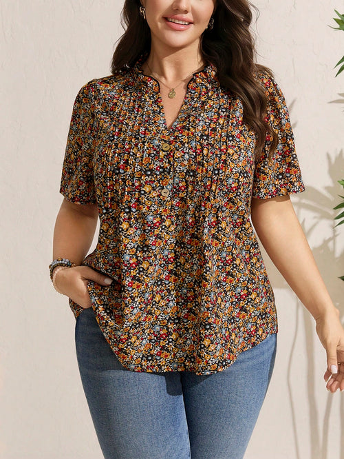 Comfylo Plus Size Casual Vacation Ditsy Floral Petal Sleeve Blouse Women Summer Clothing Woman Elegant Women Clothes Women Summer Sets Women Clothes Summer Glamorous Outfits For Women Modest Blouse Mu