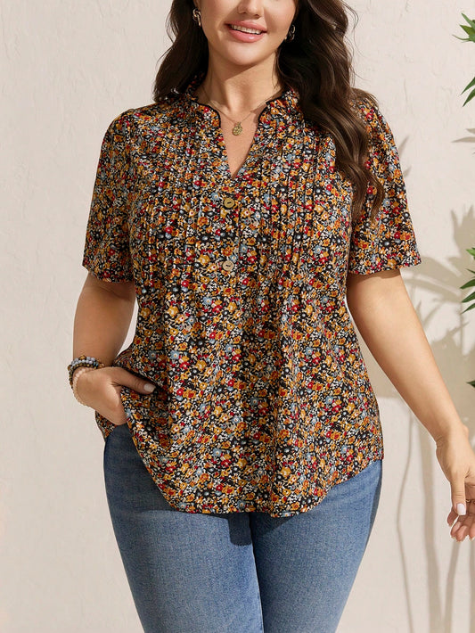 Comfylo Plus Size Casual Vacation Ditsy Floral Petal Sleeve Blouse Women Summer Clothing Woman Elegant Women Clothes Women Summer Sets Women Clothes Summer Glamorous Outfits For Women Modest Blouse Mu