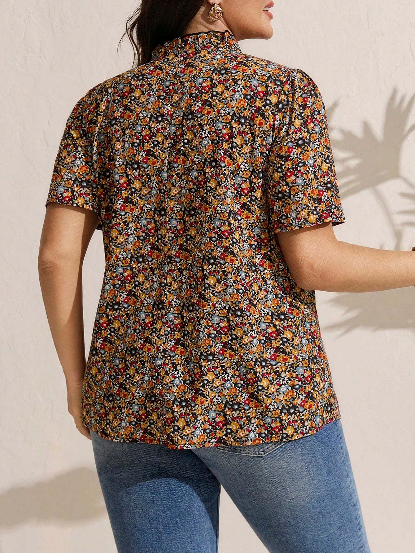 Comfylo Plus Size Casual Vacation Ditsy Floral Petal Sleeve Blouse Women Summer Clothing Woman Elegant Women Clothes Women Summer Sets Women Clothes Summer Glamorous Outfits For Women Modest Blouse Mu