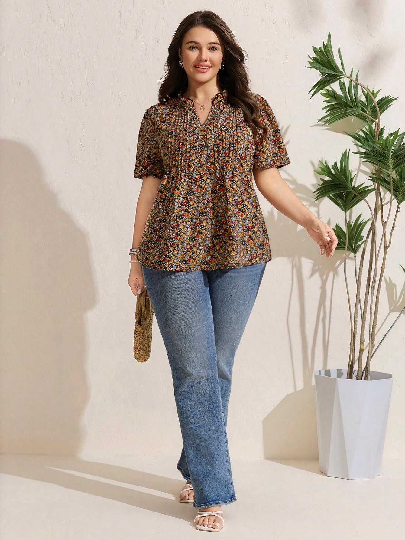 Comfylo Plus Size Casual Vacation Ditsy Floral Petal Sleeve Blouse Women Summer Clothing Woman Elegant Women Clothes Women Summer Sets Women Clothes Summer Glamorous Outfits For Women Modest Blouse Mu
