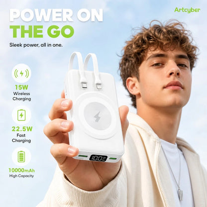 Compact White 10000mAh Wireless Battery Pack With Magnetic Ring And 22.5W Fast Charging, Featuring An LED Power Readout, Slim White Shell And Rear Stand For Hands-Free Viewing, Compatible With IPhone
