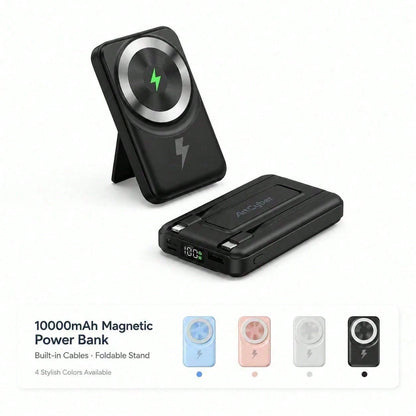 Compact White 10000mAh Wireless Battery Pack With Magnetic Ring And 22.5W Fast Charging, Featuring An LED Power Readout, Slim White Shell And Rear Stand For Hands-Free Viewing, Compatible With IPhone