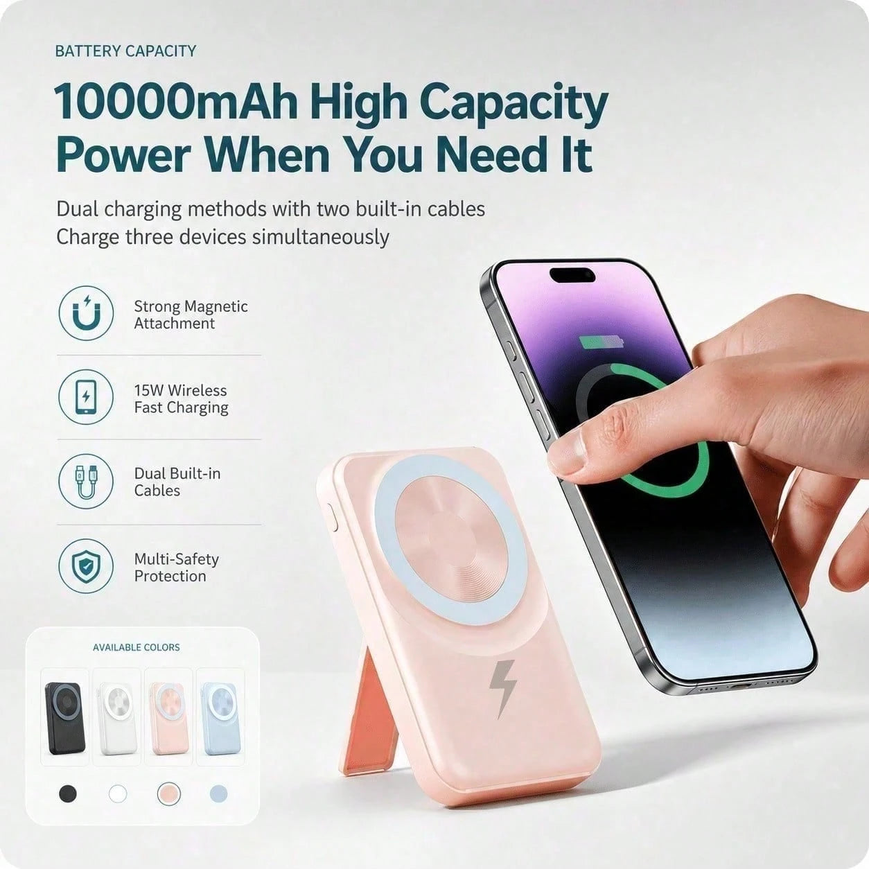 Compact White 10000mAh Wireless Battery Pack With Magnetic Ring And 22.5W Fast Charging, Featuring An LED Power Readout, Slim White Shell And Rear Stand For Hands-Free Viewing, Compatible With IPhone
