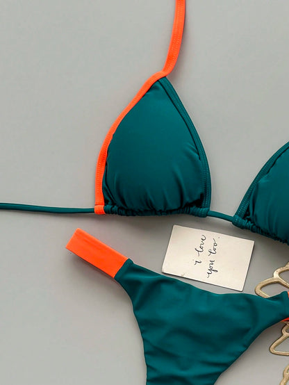 Contrast Color Tie-Neck Backless Bikini Set Vacation Beach Summer
