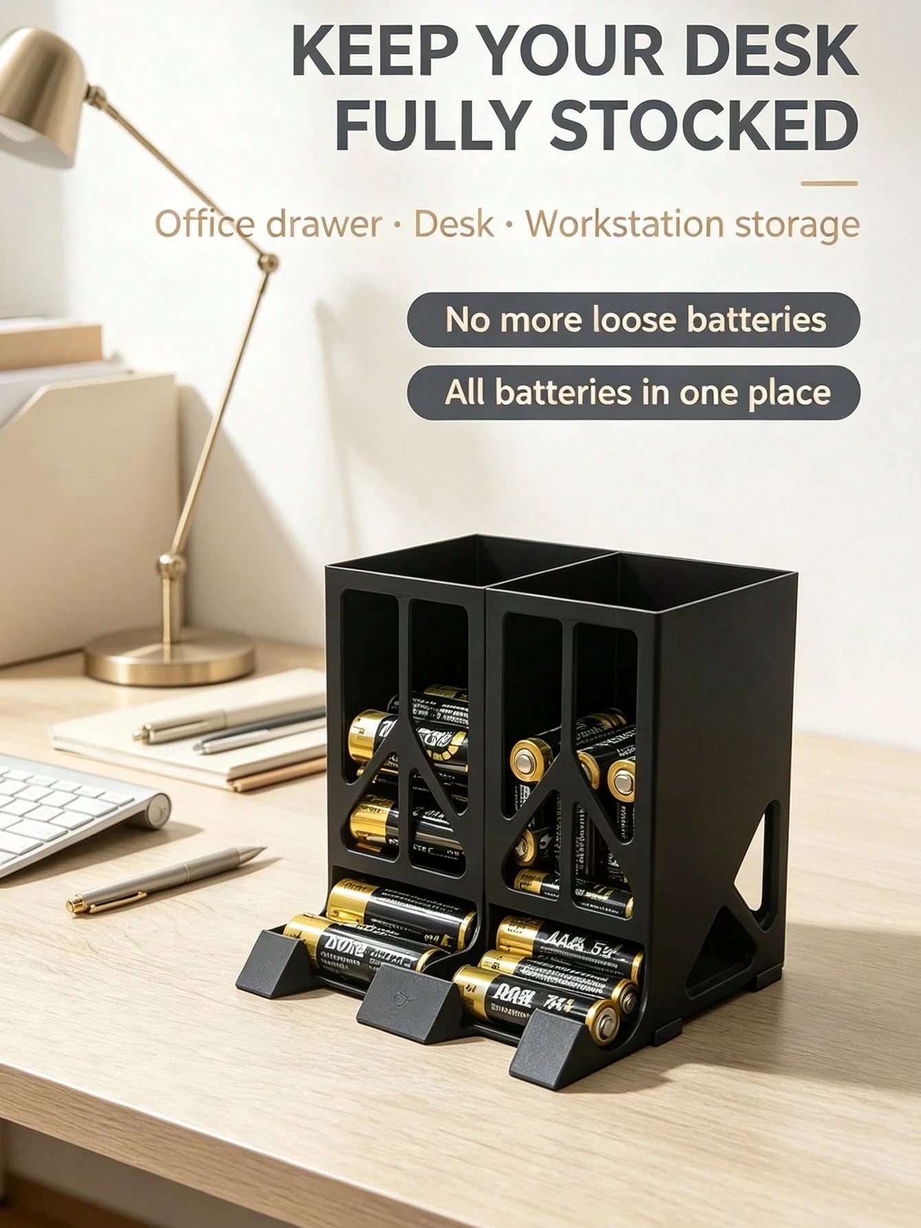 Convenient Battery Storage Box, Large Capacity Desktop Battery Organizer, Dual Compartment Design Universal AA / No. 5 / AAA / No. 7 Battery Divider Storage Rack, Desktop Remote Control Electric Dry B
