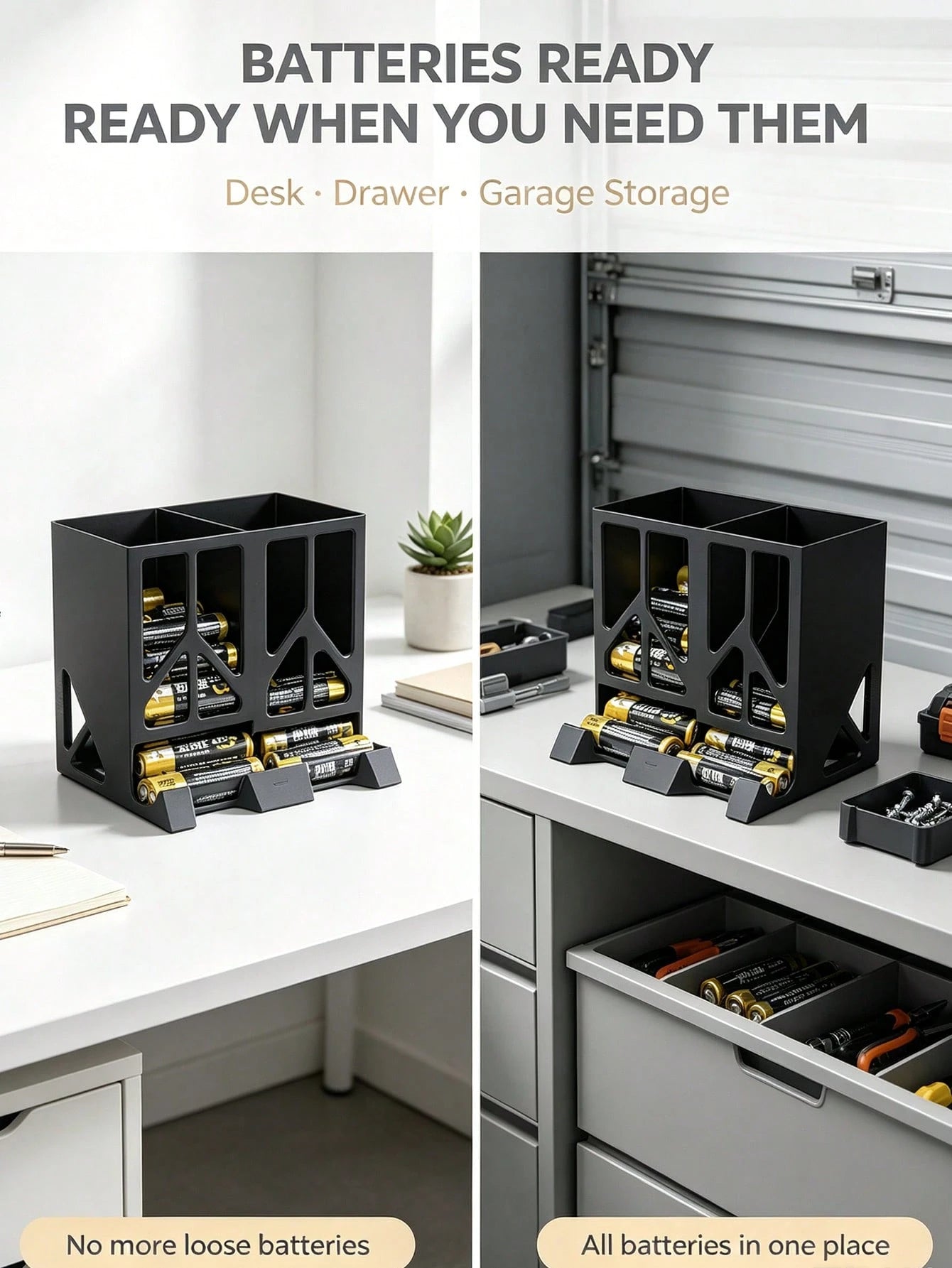 Convenient Battery Storage Box, Large Capacity Desktop Battery Organizer, Dual Compartment Design Universal AA / No. 5 / AAA / No. 7 Battery Divider Storage Rack, Desktop Remote Control Electric Dry B