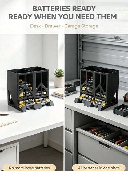Convenient Battery Storage Box, Large Capacity Desktop Battery Organizer, Dual Compartment Design Universal AA / No. 5 / AAA / No. 7 Battery Divider Storage Rack, Desktop Remote Control Electric Dry B