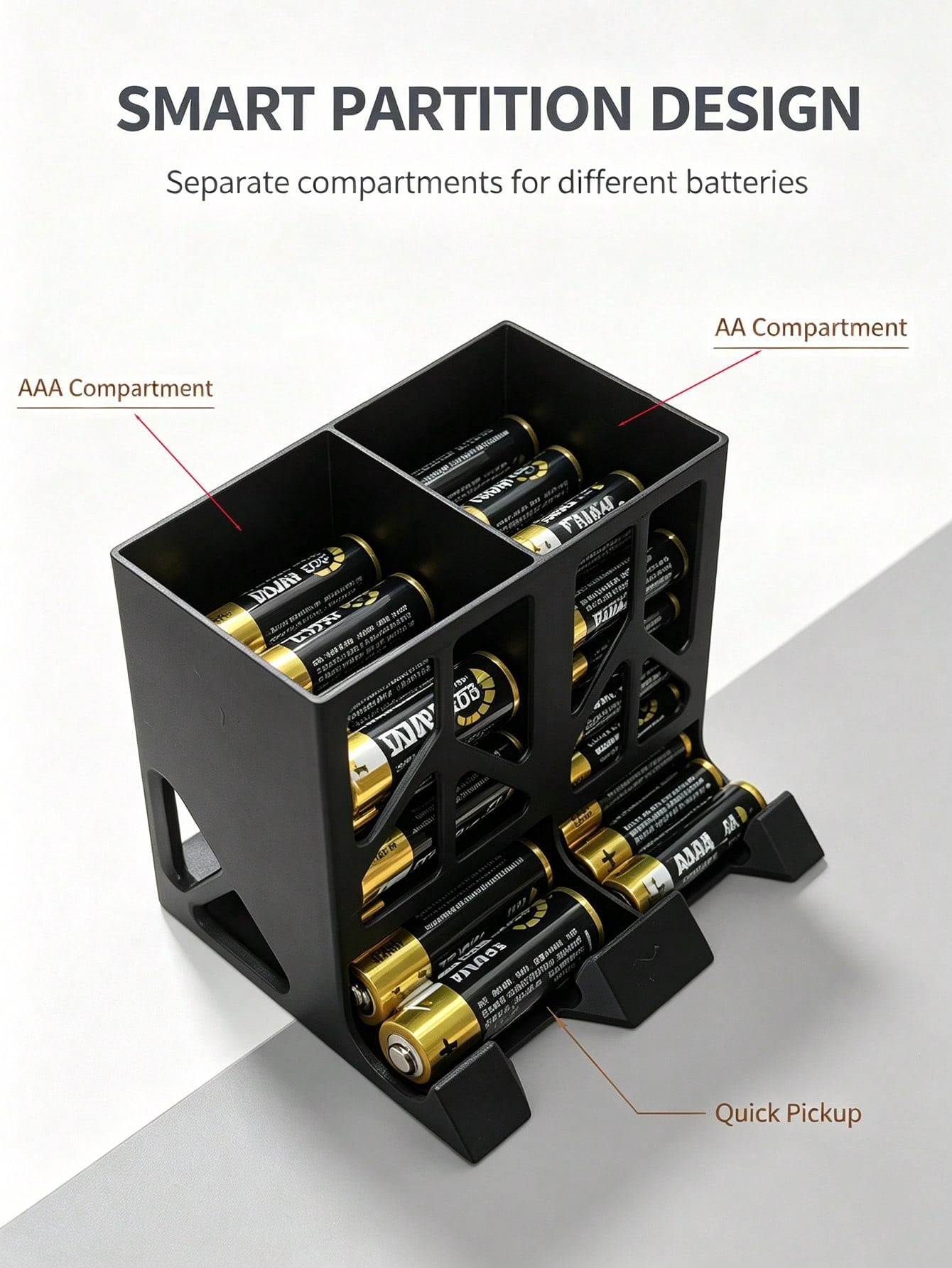 Convenient Battery Storage Box, Large Capacity Desktop Battery Organizer, Dual Compartment Design Universal AA / No. 5 / AAA / No. 7 Battery Divider Storage Rack, Desktop Remote Control Electric Dry B