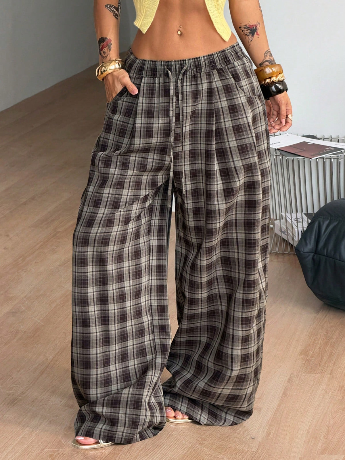Coolane Women's Autumn Streetwear Casual Back-To-School Boho Outfits Basic Daily Wear Linen Comfortable Low Rise Baggy Grey Plaid Plaid Pants Work Date