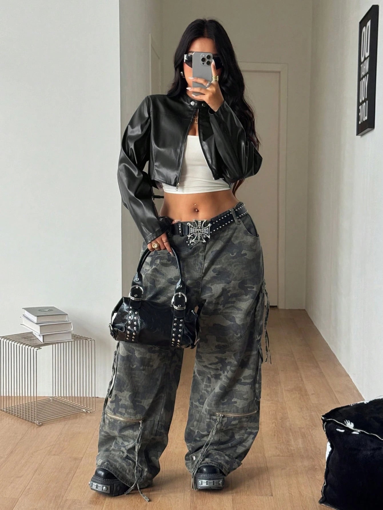 Coolane Women's Plus Size Fall Winter Streetwear Going Out Club Y2k Vintage Black PU Leather Long Sleeve Cropped Jacket