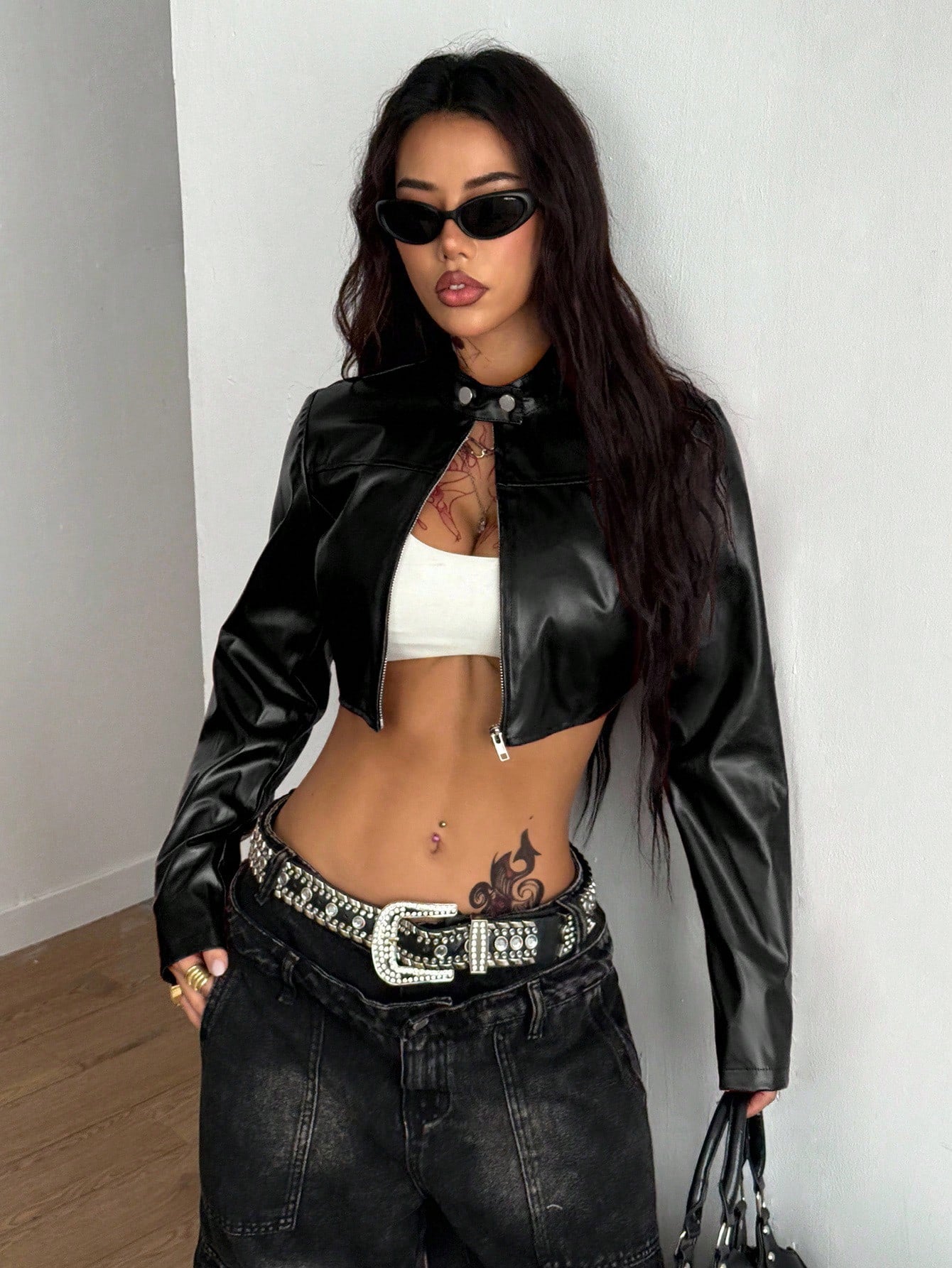 Coolane Women's Plus Size Fall Winter Streetwear Going Out Club Y2k Vintage Black PU Leather Long Sleeve Cropped Jacket