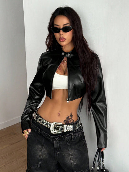 Coolane Women's Plus Size Fall Winter Streetwear Going Out Club Y2k Vintage Black PU Leather Long Sleeve Cropped Jacket