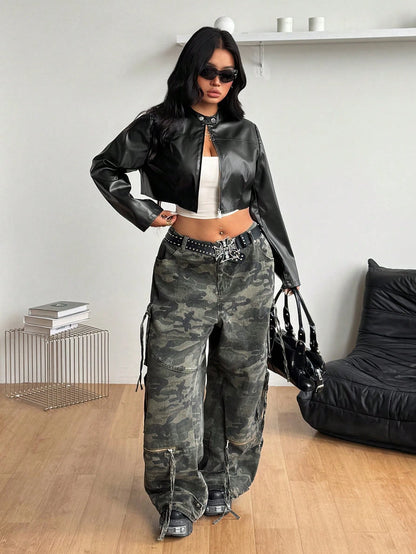 Coolane Women's Plus Size Fall Winter Streetwear Going Out Club Y2k Vintage Black PU Leather Long Sleeve Cropped Jacket