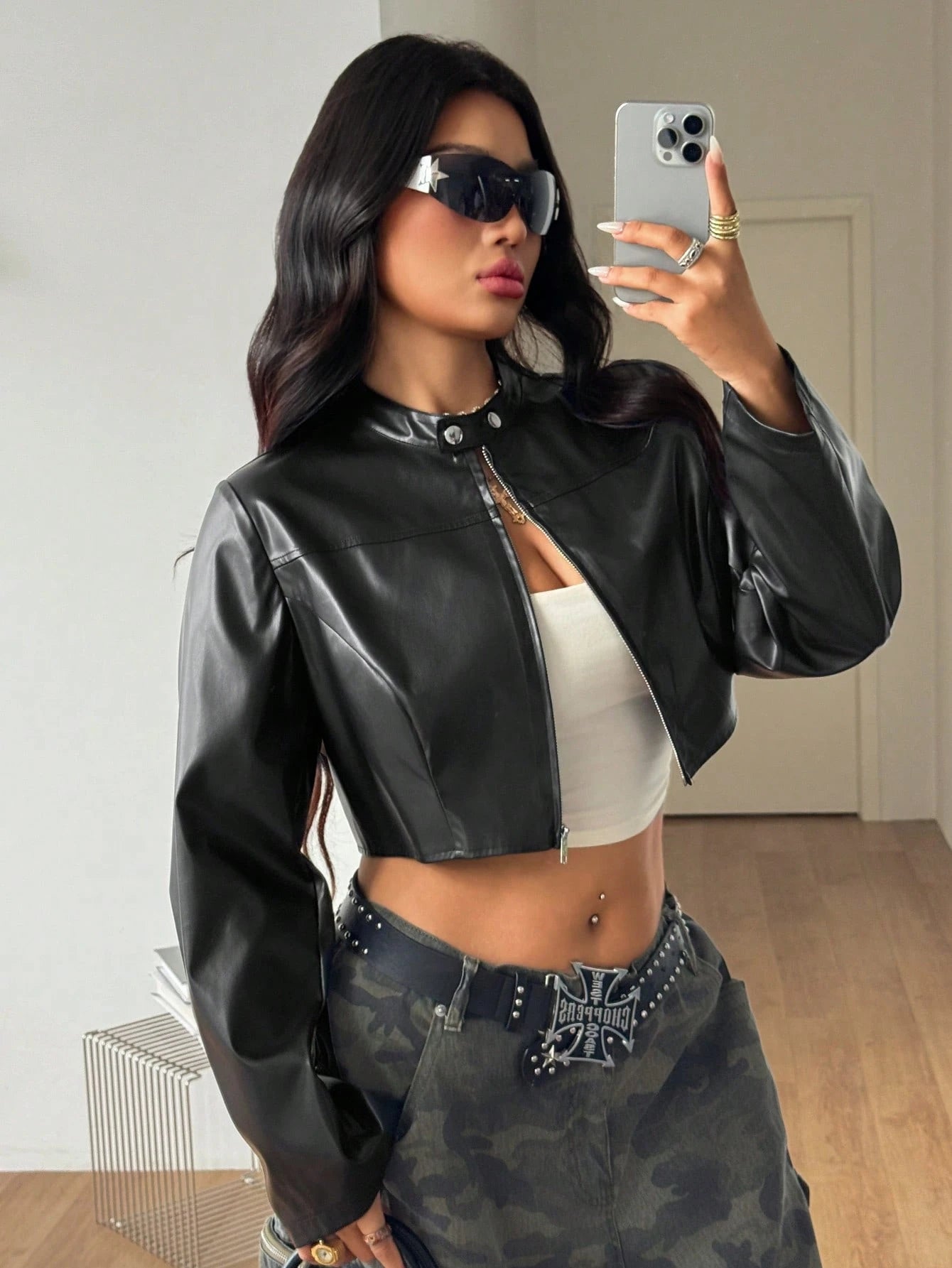 Coolane Women's Plus Size Fall Winter Streetwear Going Out Club Y2k Vintage Black PU Leather Long Sleeve Cropped Jacket