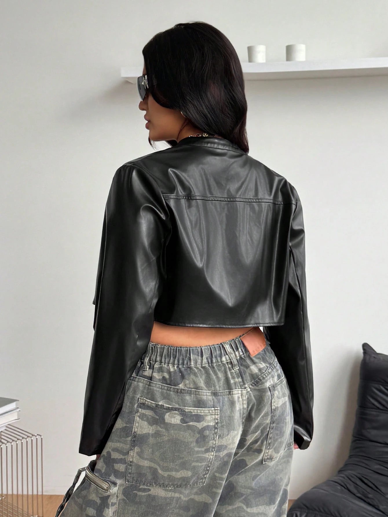Coolane Women's Plus Size Fall Winter Streetwear Going Out Club Y2k Vintage Black PU Leather Long Sleeve Cropped Jacket