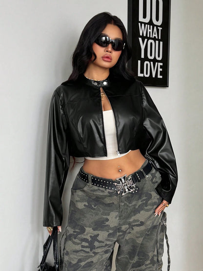 Coolane Women's Plus Size Fall Winter Streetwear Going Out Club Y2k Vintage Black PU Leather Long Sleeve Cropped Jacket