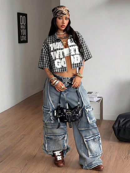 Coolane Women's Spring/Summer Vintage Preppy Crop Plaid Loose Crop Tops Red Shirt For New Years,Summer Top