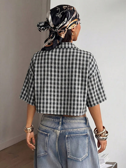Coolane Women's Spring/Summer Vintage Preppy Crop Plaid Loose Crop Tops Red Shirt For New Years,Summer Top