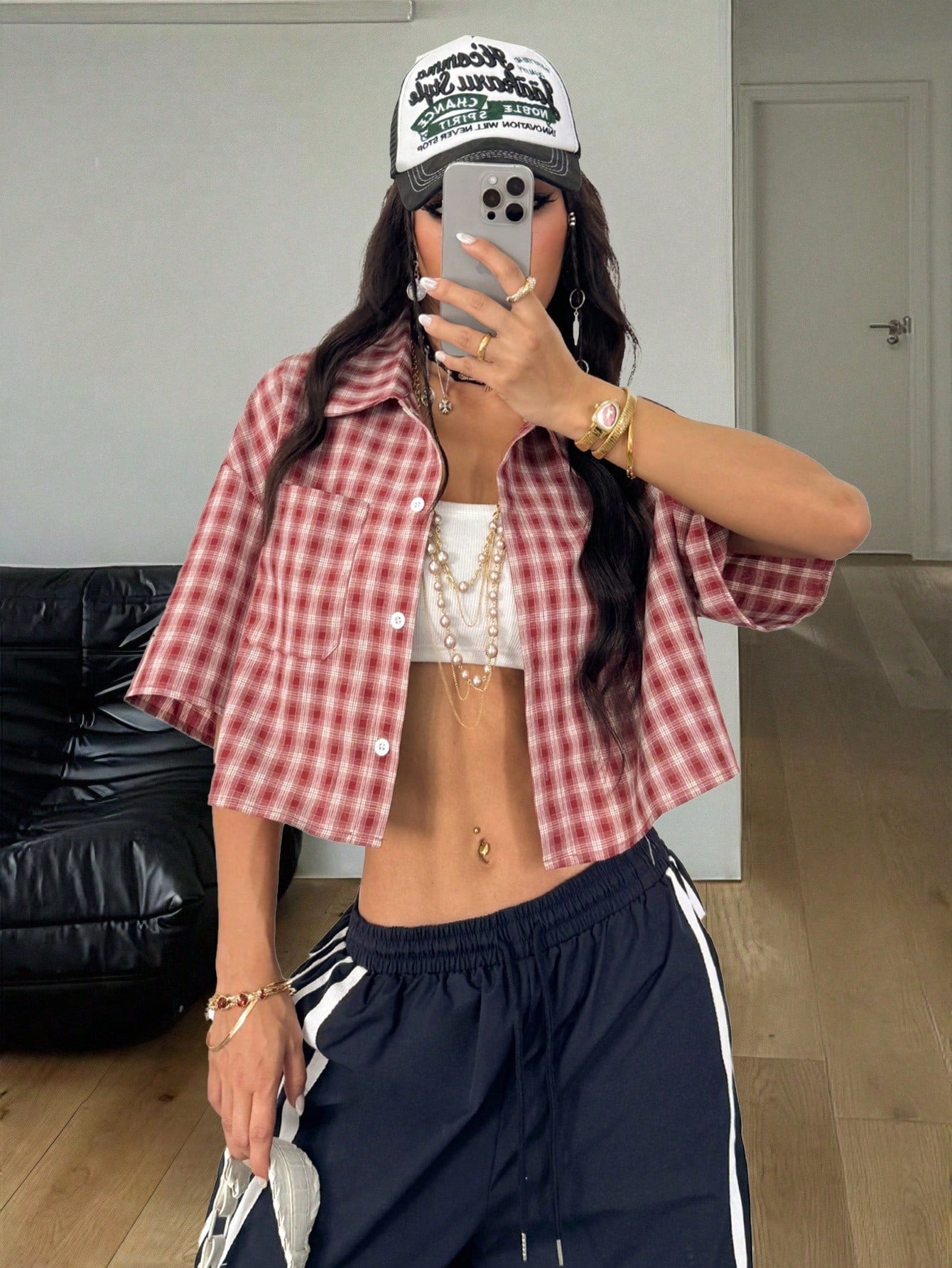 Coolane Women's Spring/Summer Vintage Preppy Crop Plaid Loose Crop Tops Red Shirt For New Years,Summer Top