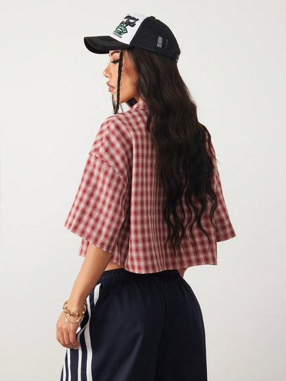 Coolane Women's Spring/Summer Vintage Preppy Crop Plaid Loose Crop Tops Red Shirt For New Years,Summer Top