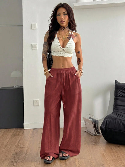 Coolane Women's Summer Country Concert Going Out Beach Outfits Boho Basic Minimalist Washed 100%Cotton Red Pants Banana Harem Pants