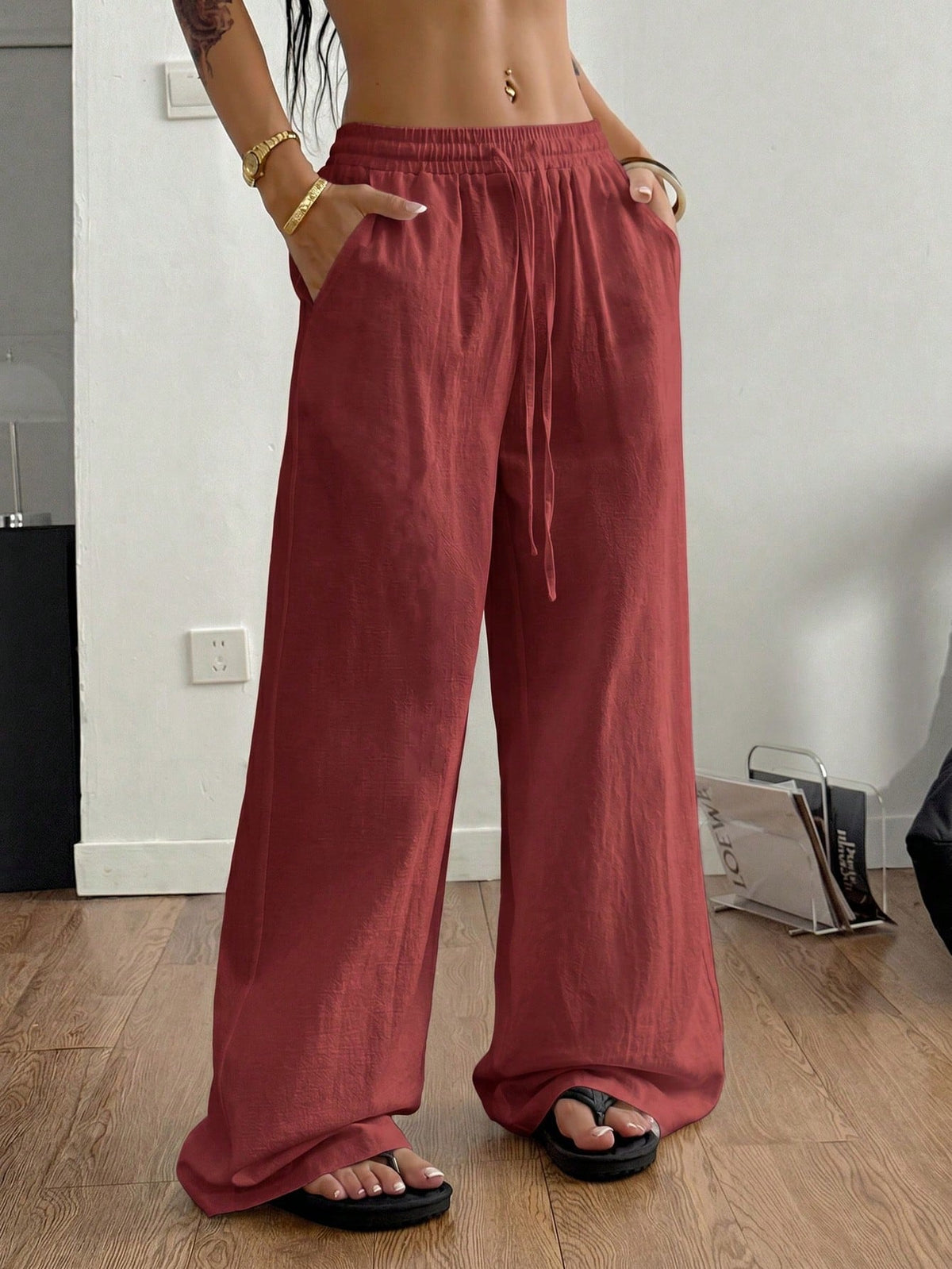 Coolane Women's Summer Country Concert Going Out Beach Outfits Boho Basic Minimalist Washed 100%Cotton Red Pants Banana Harem Pants
