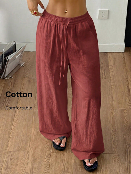 Coolane Women's Summer Country Concert Going Out Beach Outfits Boho Basic Minimalist Washed 100%Cotton Red Pants Banana Harem Pants