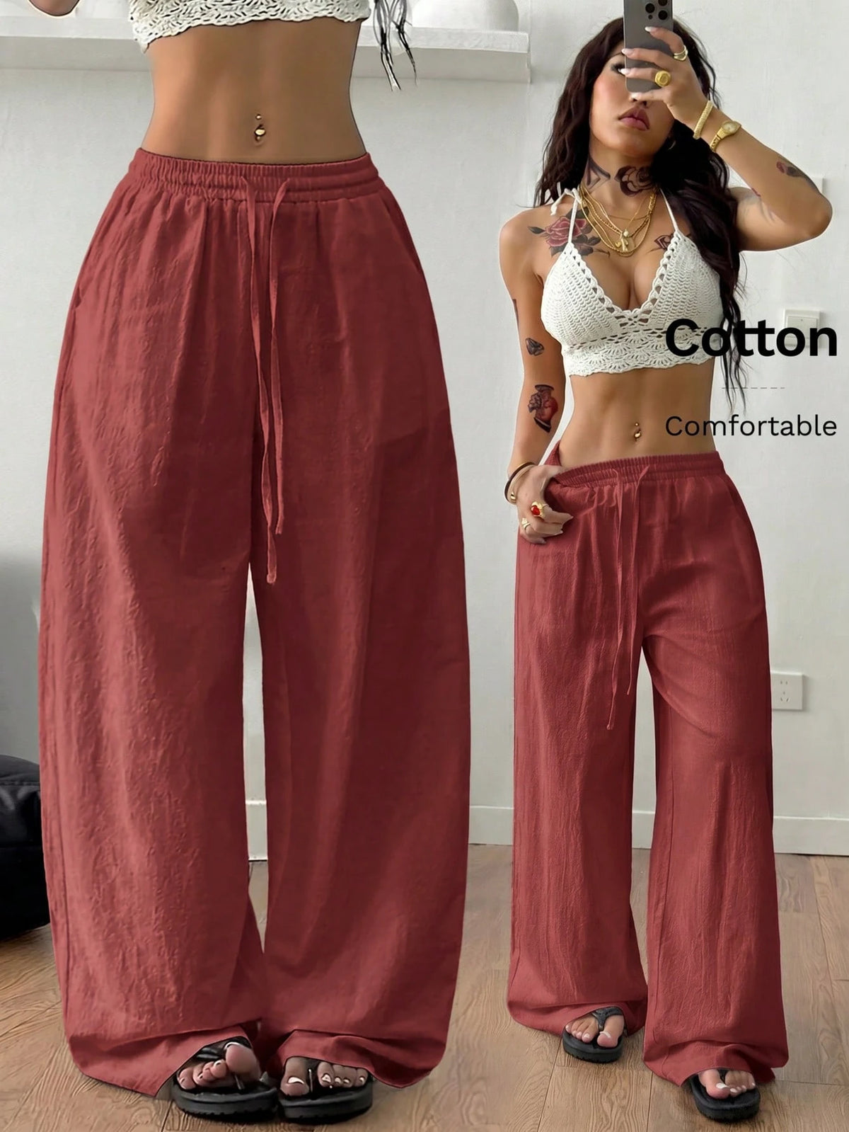Coolane Women's Summer Country Concert Going Out Beach Outfits Boho Basic Minimalist Washed 100%Cotton Red Pants Banana Harem Pants