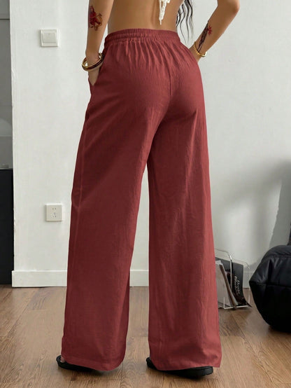 Coolane Women's Summer Country Concert Going Out Beach Outfits Boho Basic Minimalist Washed 100%Cotton Red Pants Banana Harem Pants