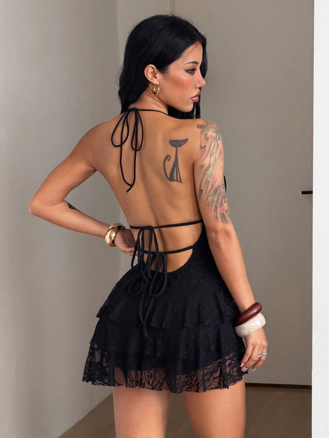 Coolane Women's Summer Party Music Festival Vacation Concert Outfit Streetwear Y2K Date Night Cut Out Casual Lace Ruffle V-Neck Halter Backless Mini Dress