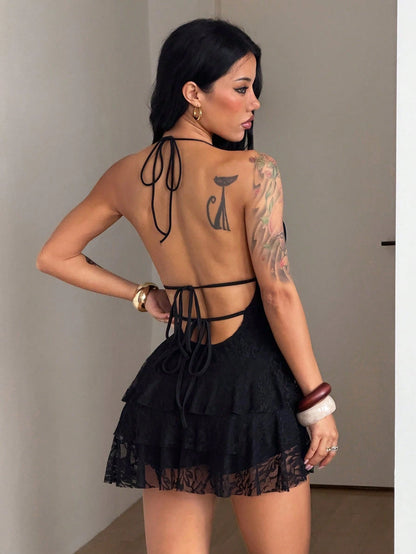 Coolane Women's Summer Party Music Festival Vacation Concert Outfit Streetwear Y2K Date Night Cut Out Casual Lace Ruffle V-Neck Halter Backless Mini Dress