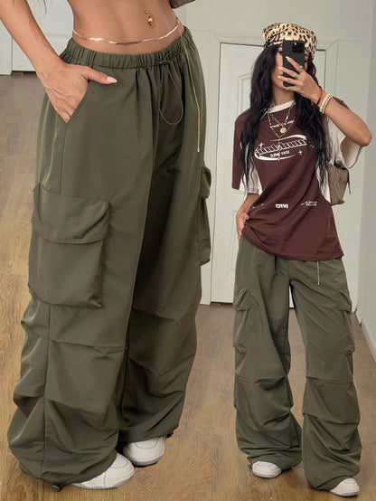 Coolane Women's Summer Streetwear Boyfriend Athleisure Grunge Sportswear Vintage Western Wear Y2K Low Rise Parachute Army Green Cargo Pants
