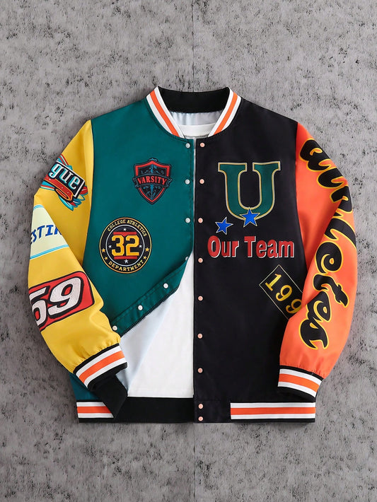 Coolqubz 1pc Teen Boy Casual Colorblock Baseball Jacket,Summer Graduation Back-To-School,Orange,Navy,Green,Yellow,Sports Team Logo,Number 59&32,Unisex,Cool
