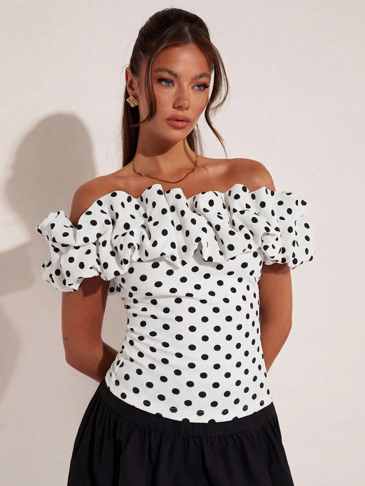 COSMINA Women's Elegant Vacation White With Black Polka Dots Shoulder Top, Summer, Women's Tops, Ruffle, Off The, Latest For Women, Tea Party
