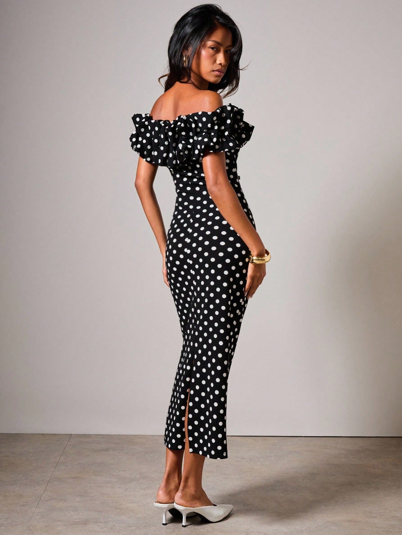 COSMINA Women's Polka Dot Print Ruffle Off Shoulder Fitted Elegant Mid-Length Dress,Elegant Dresses For Women
