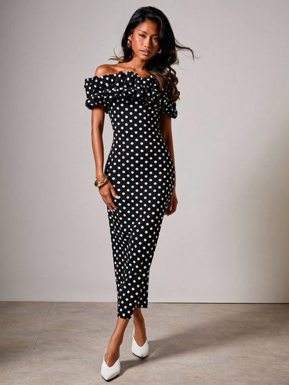 COSMINA Women's Polka Dot Print Ruffle Off Shoulder Fitted Elegant Mid-Length Dress,Elegant Dresses For Women