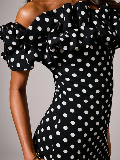 COSMINA Women's Polka Dot Print Ruffle Off Shoulder Fitted Elegant Mid-Length Dress,Elegant Dresses For Women