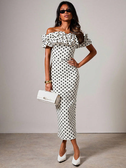 COSMINA Women's Polka Dot Print Ruffle Off Shoulder Fitted Elegant Mid-Length Dress,Elegant Dresses For Women