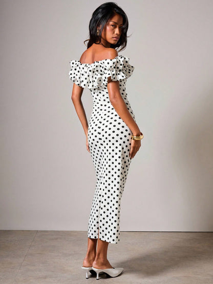 COSMINA Women's Polka Dot Print Ruffle Off Shoulder Fitted Elegant Mid-Length Dress,Elegant Dresses For Women
