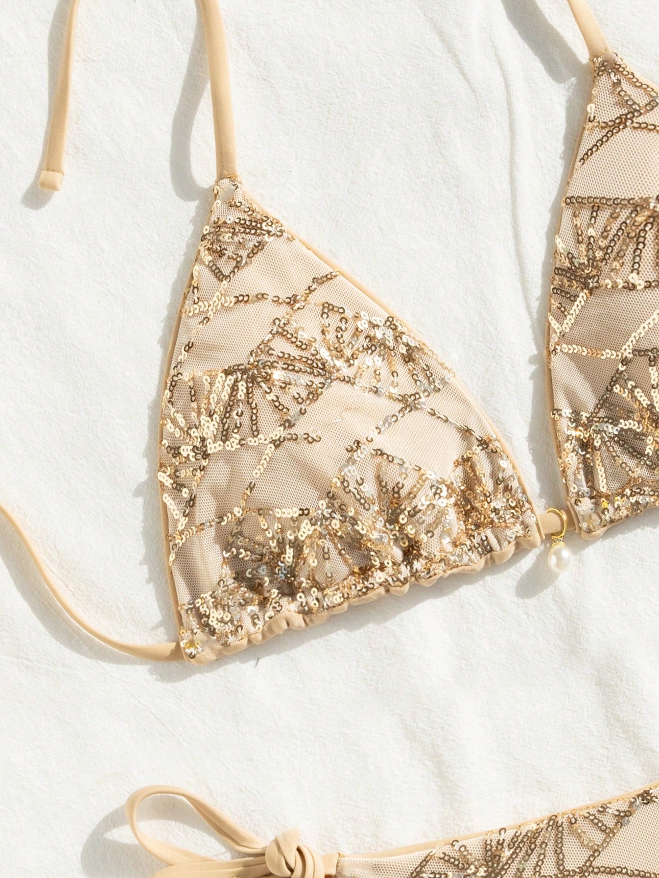 Costavie Women 2pcs Glitter Pearl Decor Halter Triangle Top Side Tie Bikini Set,Beige,Summer,Casual Elegant,Beach Beach Party Party,Holiday,Vacation,Holiday