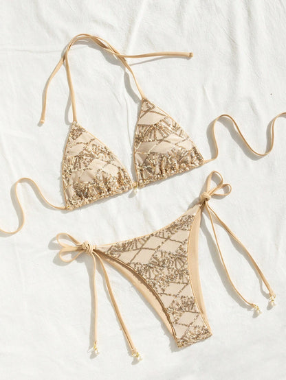 Costavie Women 2pcs Glitter Pearl Decor Halter Triangle Top Side Tie Bikini Set,Beige,Summer,Casual Elegant,Beach Beach Party Party,Holiday,Vacation,Holiday