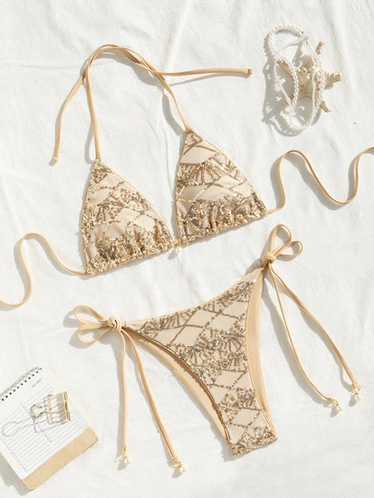 Costavie Women 2pcs Glitter Pearl Decor Halter Triangle Top Side Tie Bikini Set,Beige,Summer,Casual Elegant,Beach Beach Party Party,Holiday,Vacation,Holiday
