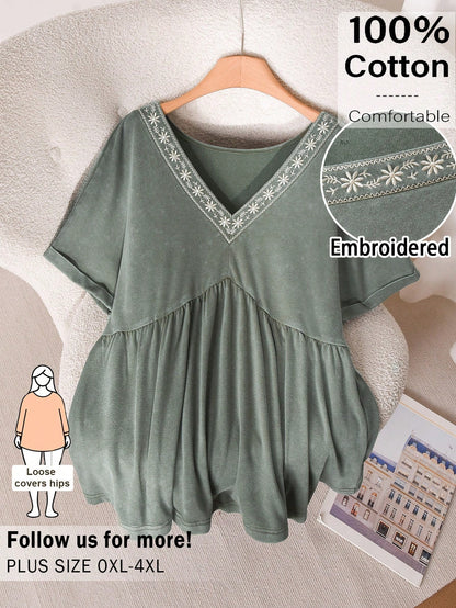 CosyJoli Plus Size Women V-Neck Embroidered Casual Traditional Boho Washed Short Sleeve T-Shirt, Going Out Vacation Tops Green Summer