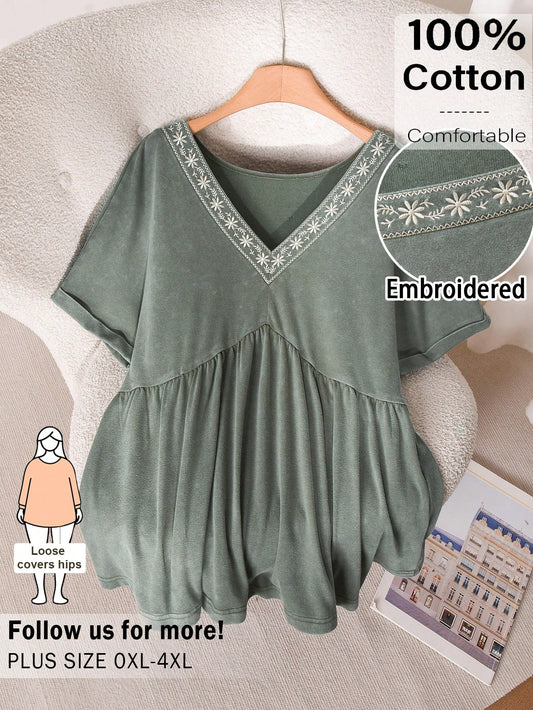 CosyJoli Plus Size Women V-Neck Embroidered Casual Traditional Boho Washed Short Sleeve T-Shirt, Going Out Vacation Tops Green Summer